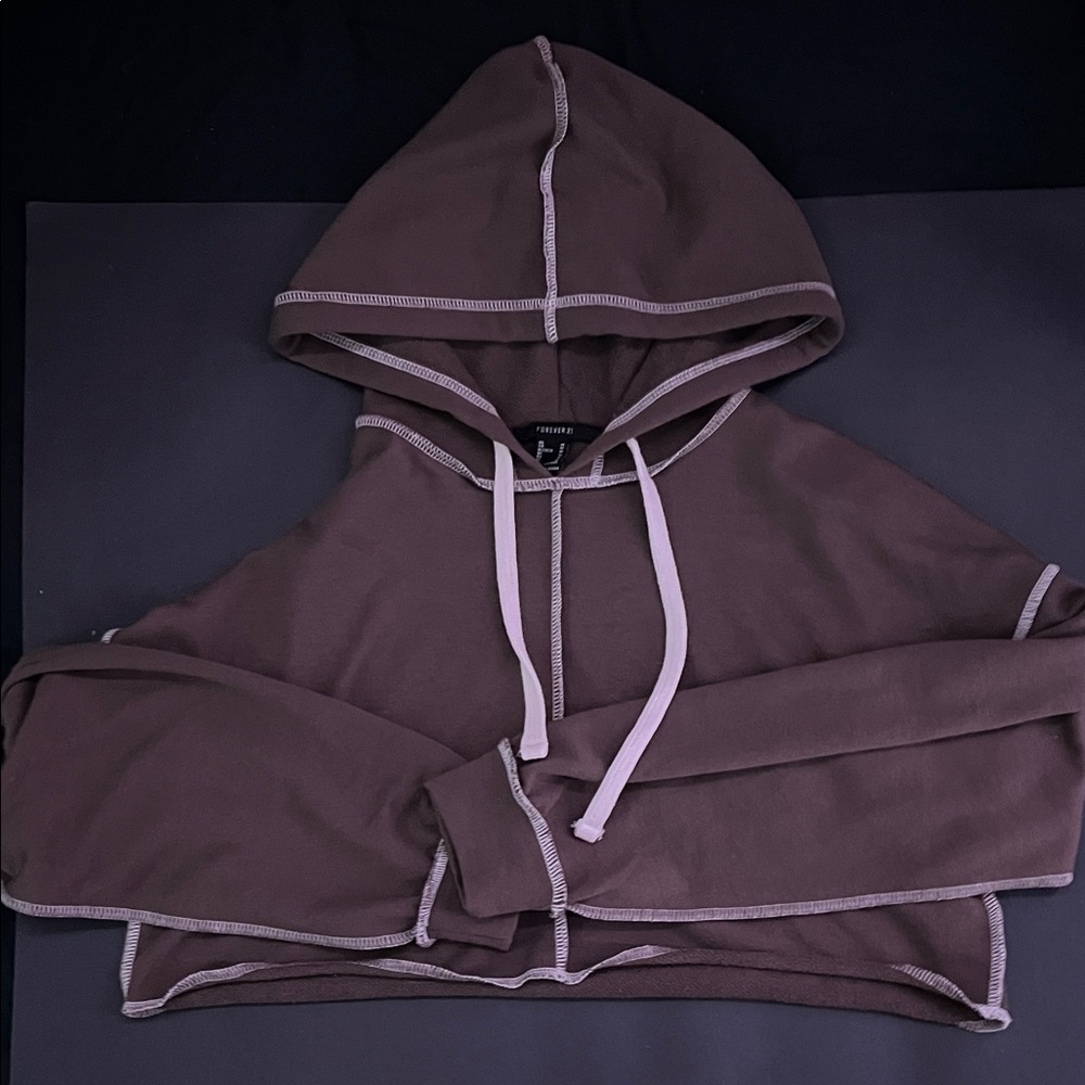 Brown Cropped Hoodie with White Trim
